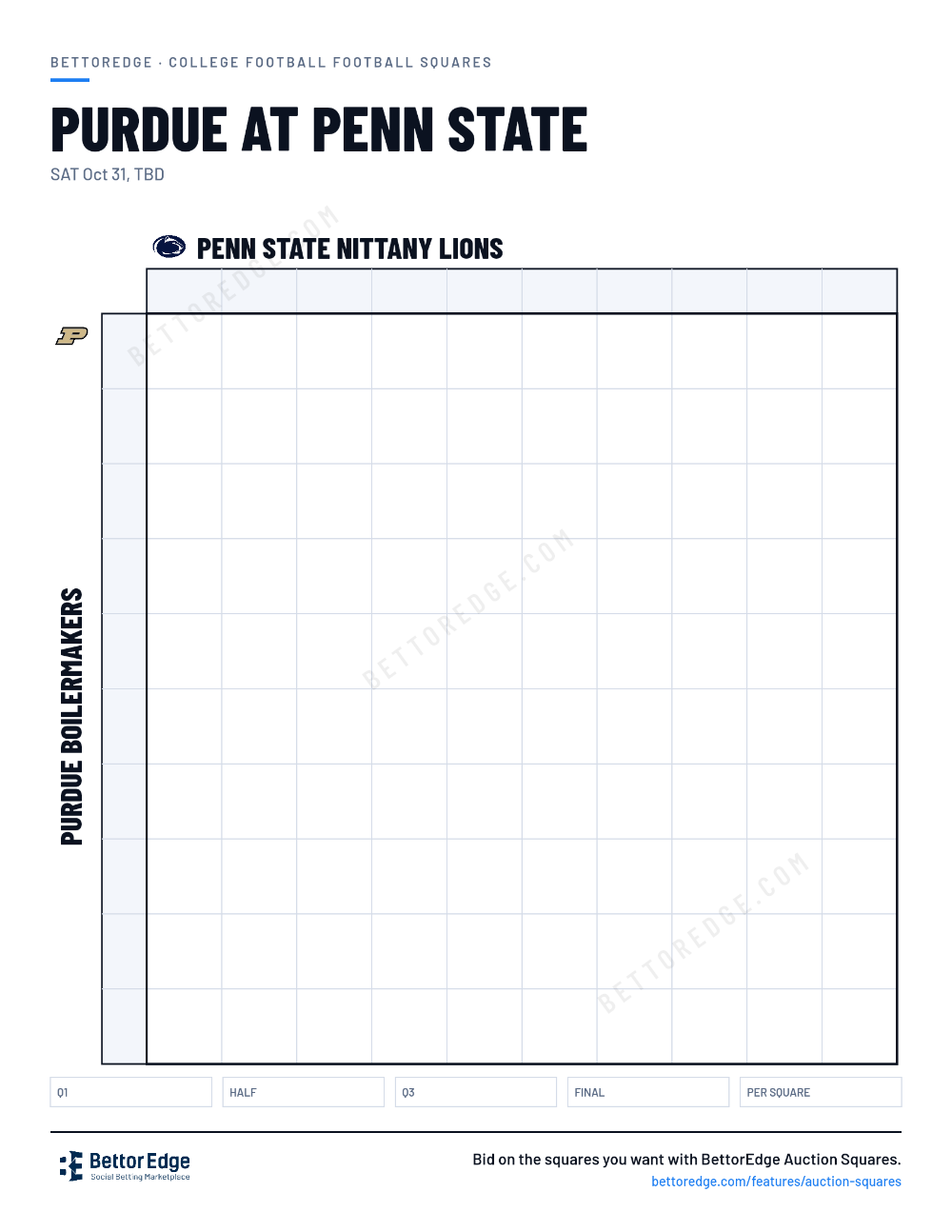 Purdue at Penn State squares, free printable 10x10 football squares grid