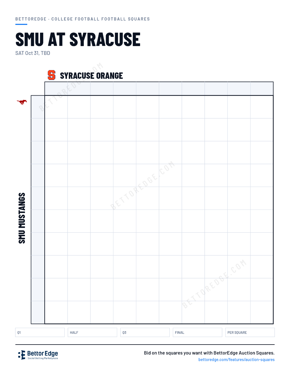 SMU at Syracuse squares, free printable 10x10 football squares grid