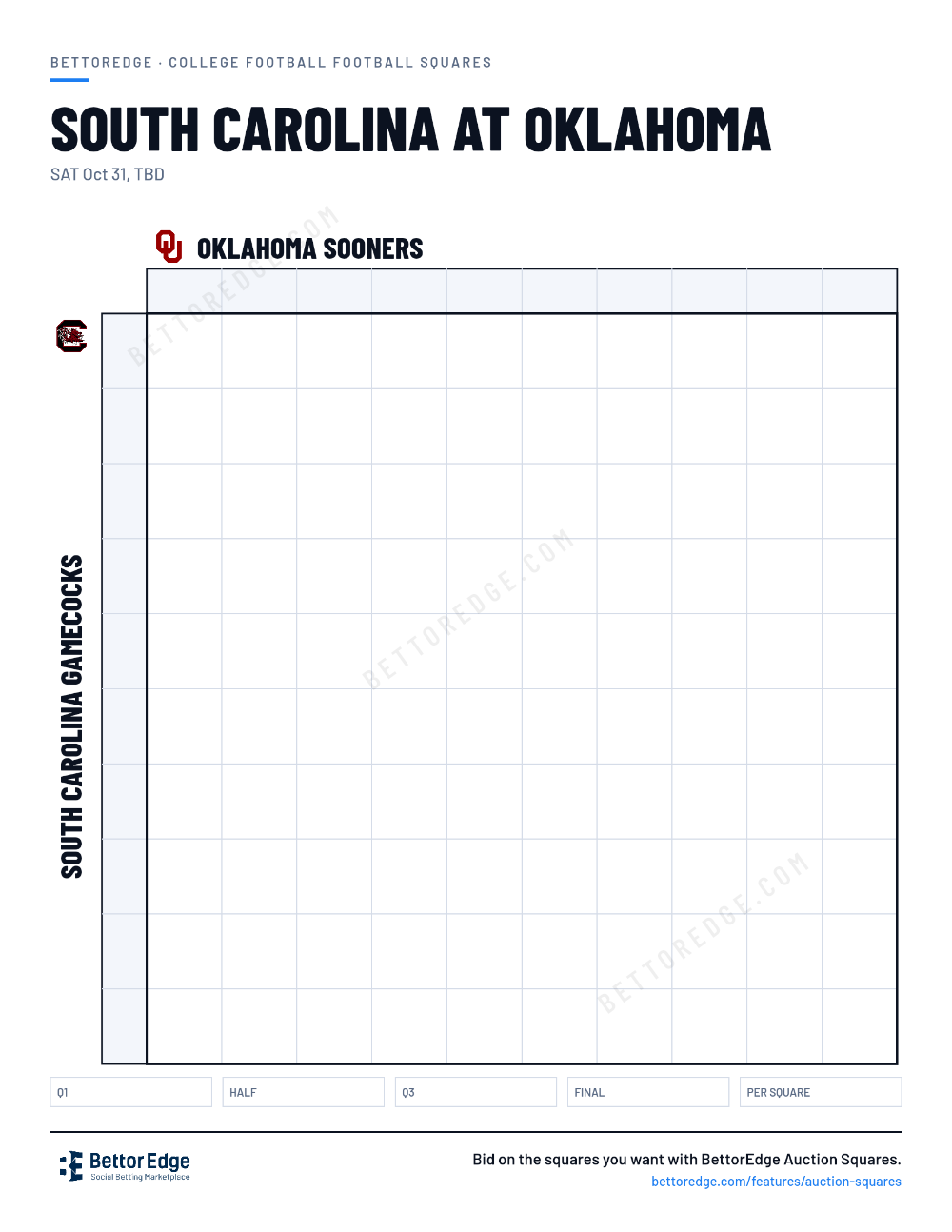 South Carolina at Oklahoma squares, free printable 10x10 football squares grid