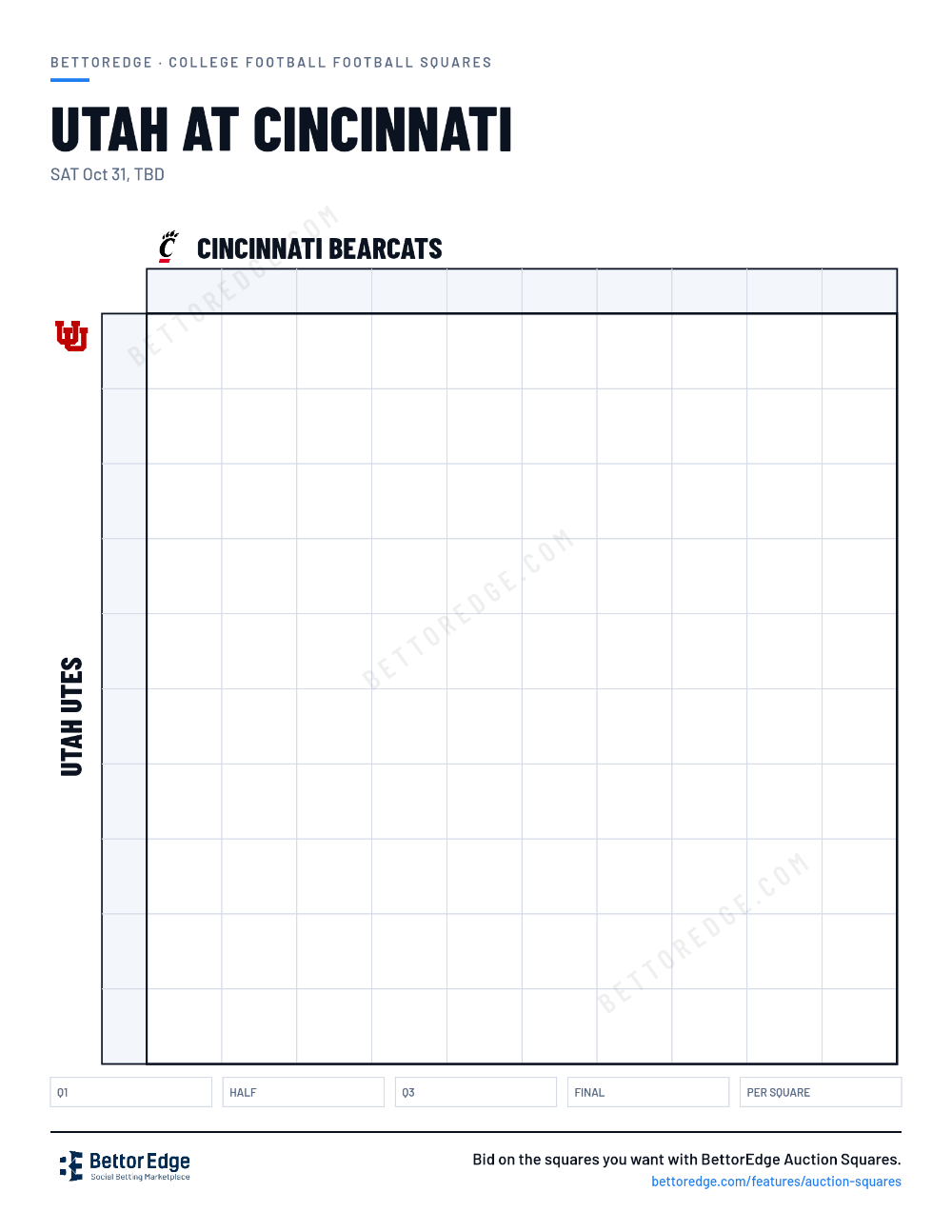 Utah at Cincinnati squares, free printable 10x10 football squares grid