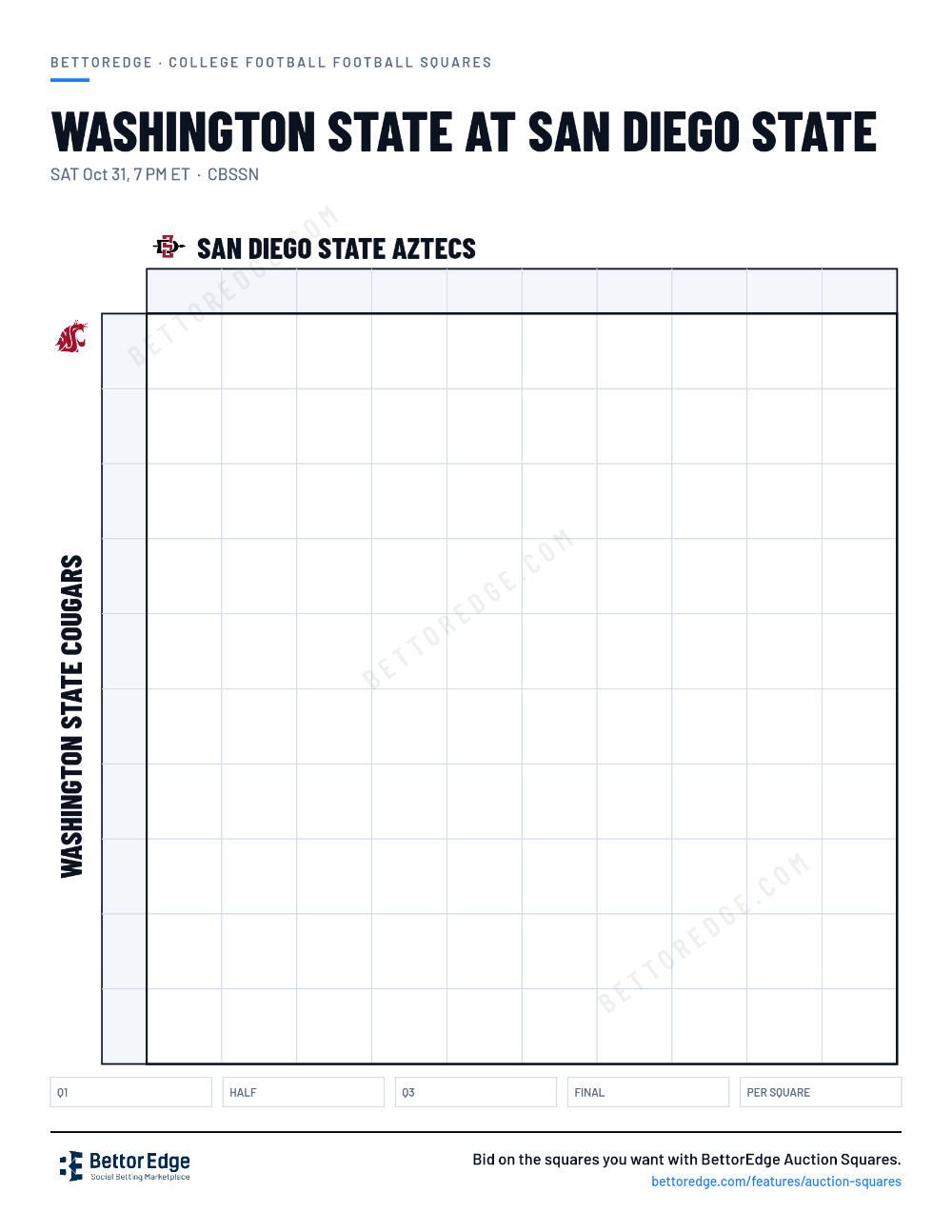 Washington State at San Diego State squares, free printable 10x10 football squares grid