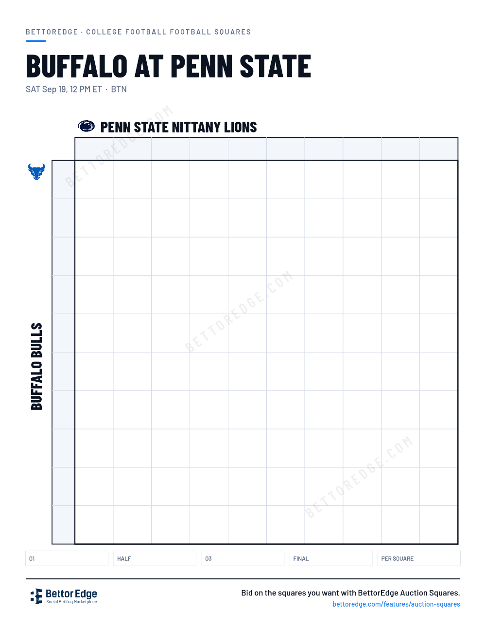 Buffalo at Penn State squares, free printable 10x10 football squares grid
