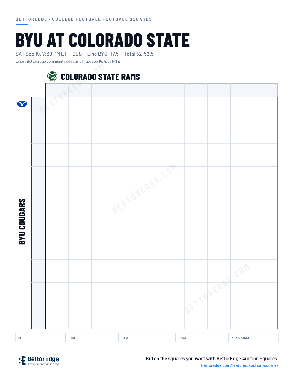 BYU at Colorado State squares, free printable 10x10 football squares grid