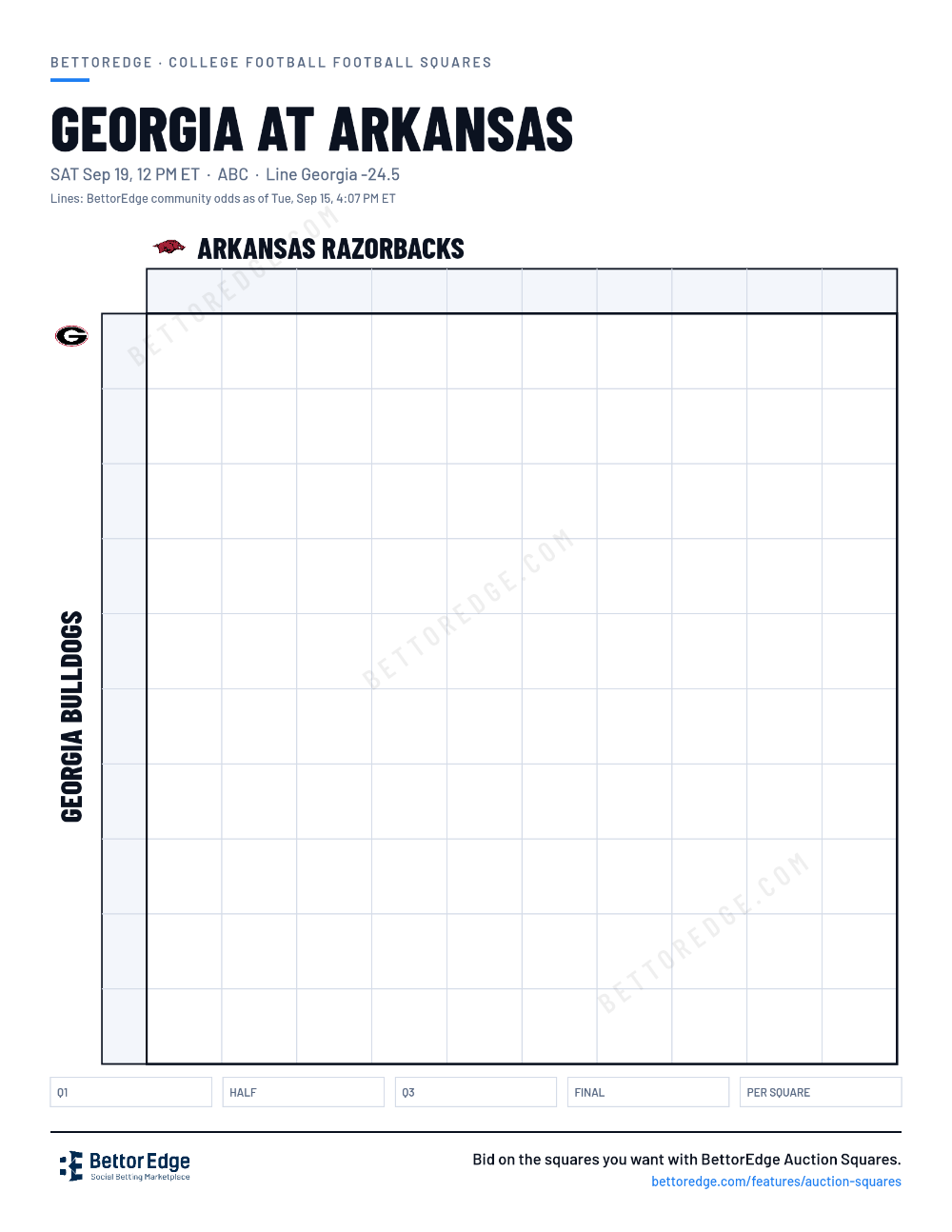 Georgia at Arkansas squares, free printable 10x10 football squares grid