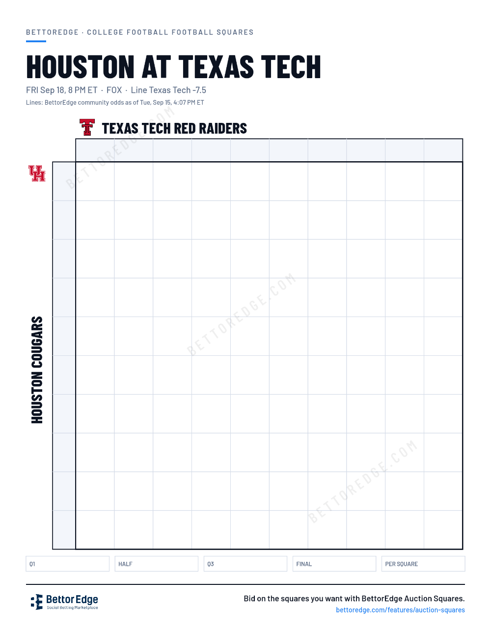 Houston at Texas Tech squares, free printable 10x10 football squares grid
