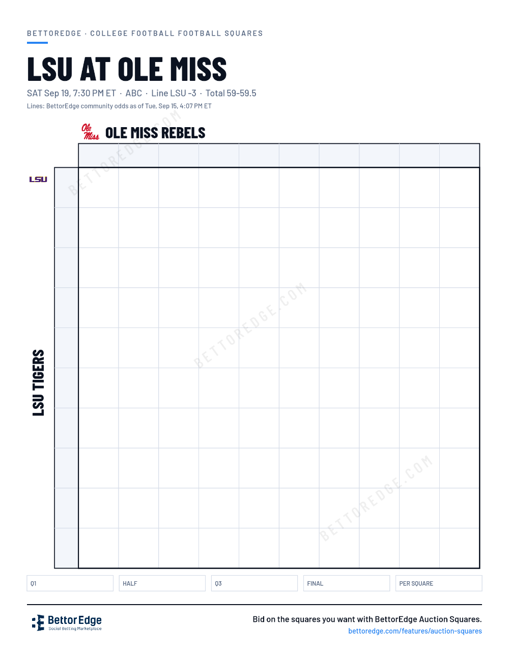 LSU at Ole Miss squares, free printable 10x10 football squares grid