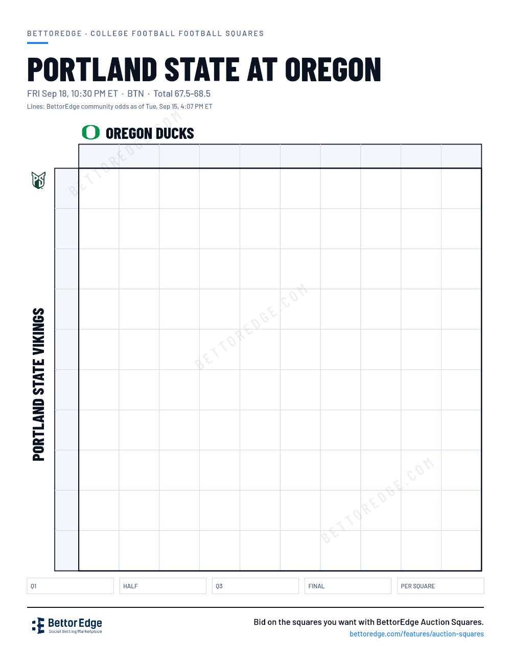 Portland State at Oregon squares, free printable 10x10 football squares grid