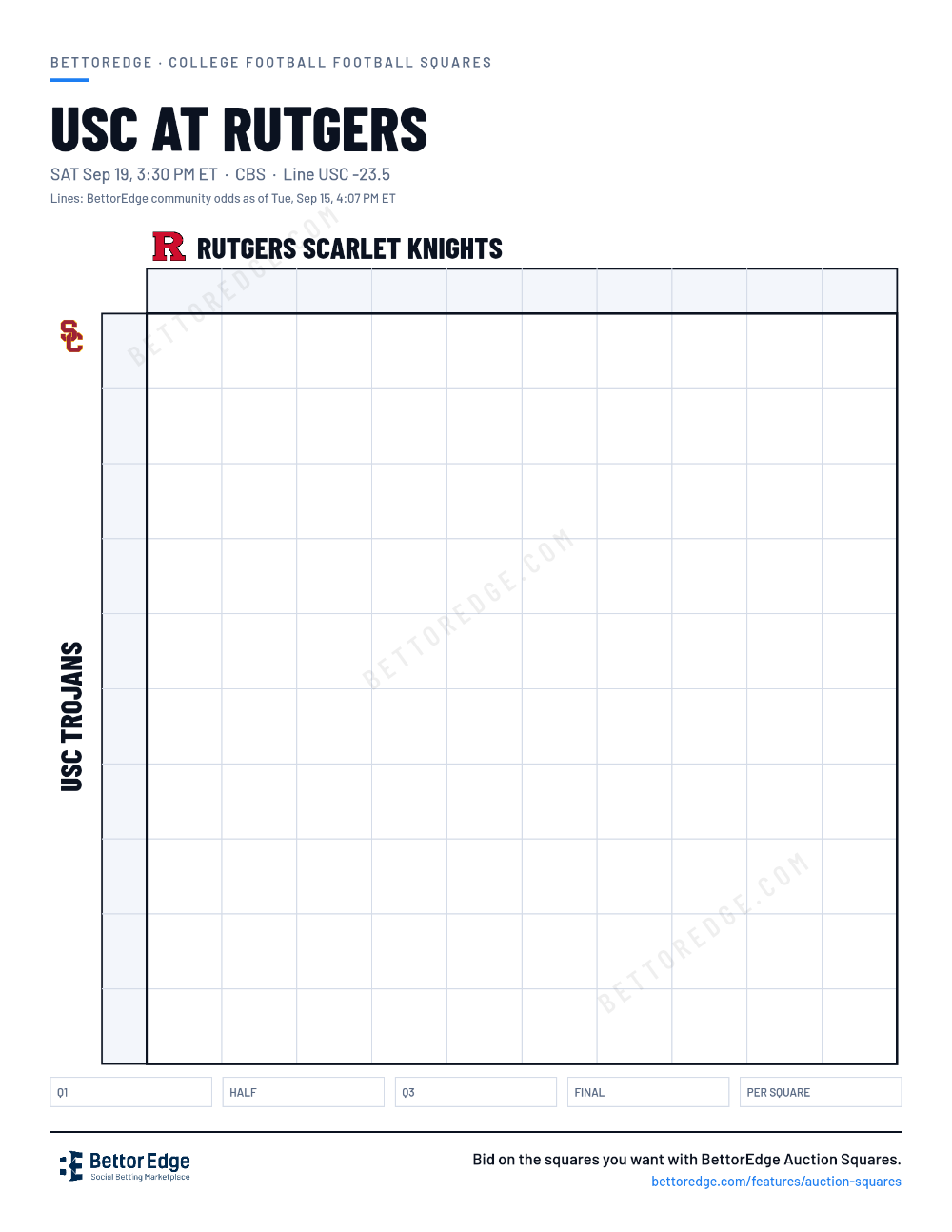 USC at Rutgers squares, free printable 10x10 football squares grid