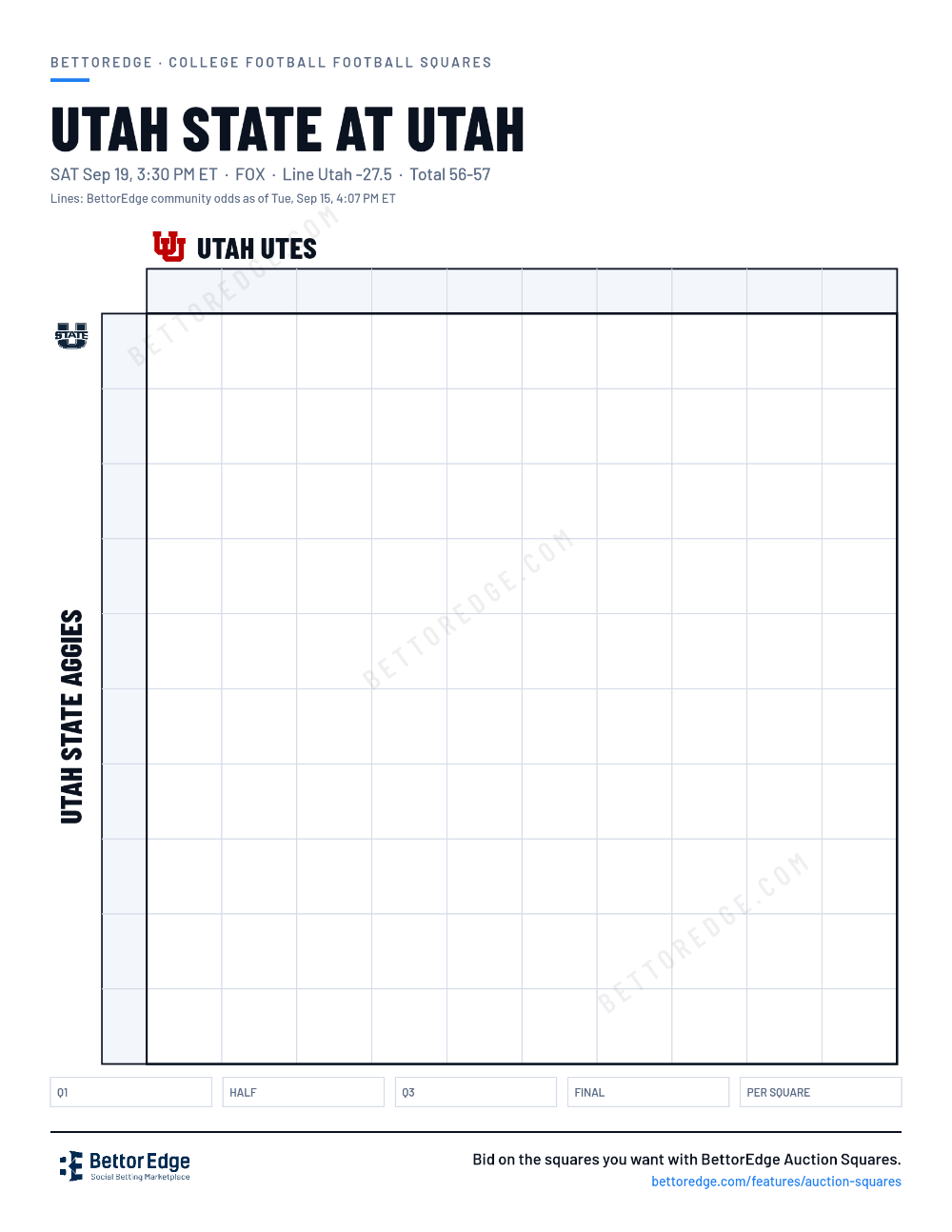 Utah State at Utah squares, free printable 10x10 football squares grid