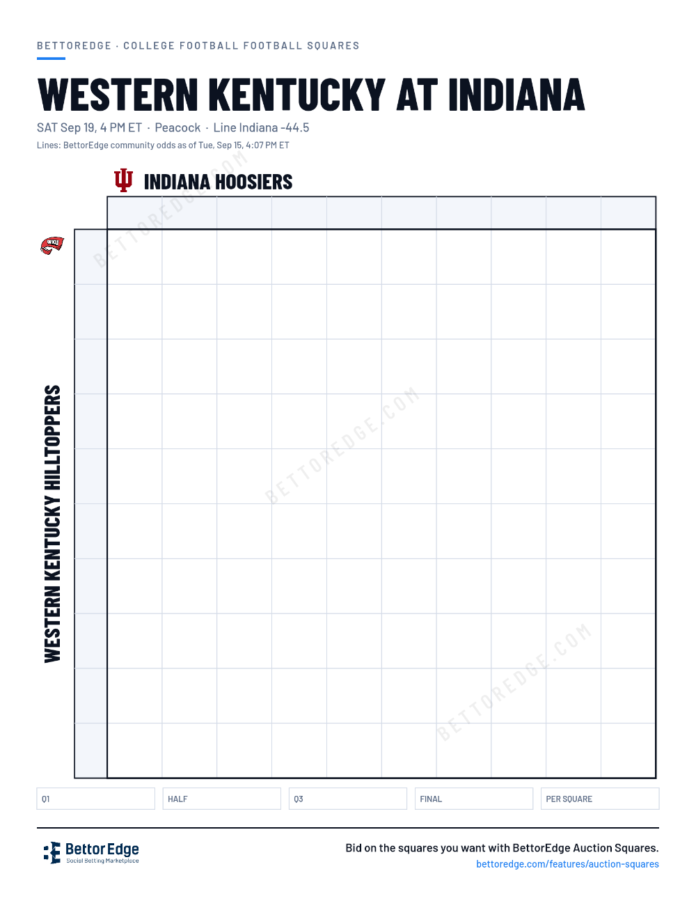 Western Kentucky at Indiana squares, free printable 10x10 football squares grid