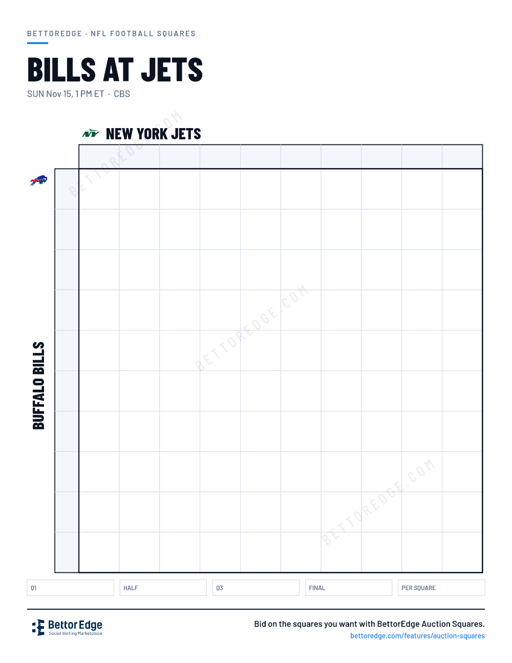 Bills at Jets squares, free printable 10x10 football squares grid