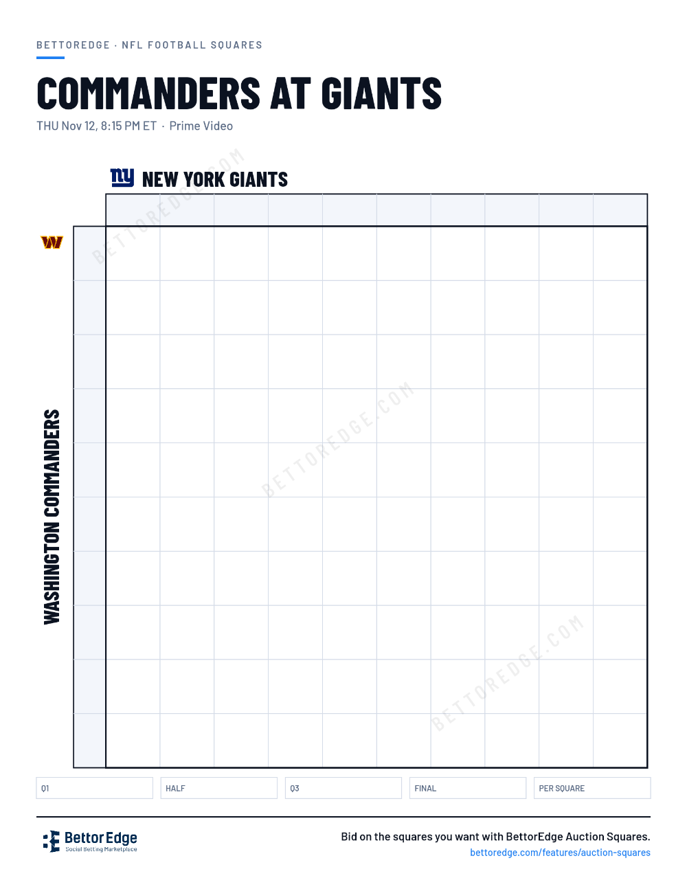 Commanders at Giants squares, free printable 10x10 football squares grid
