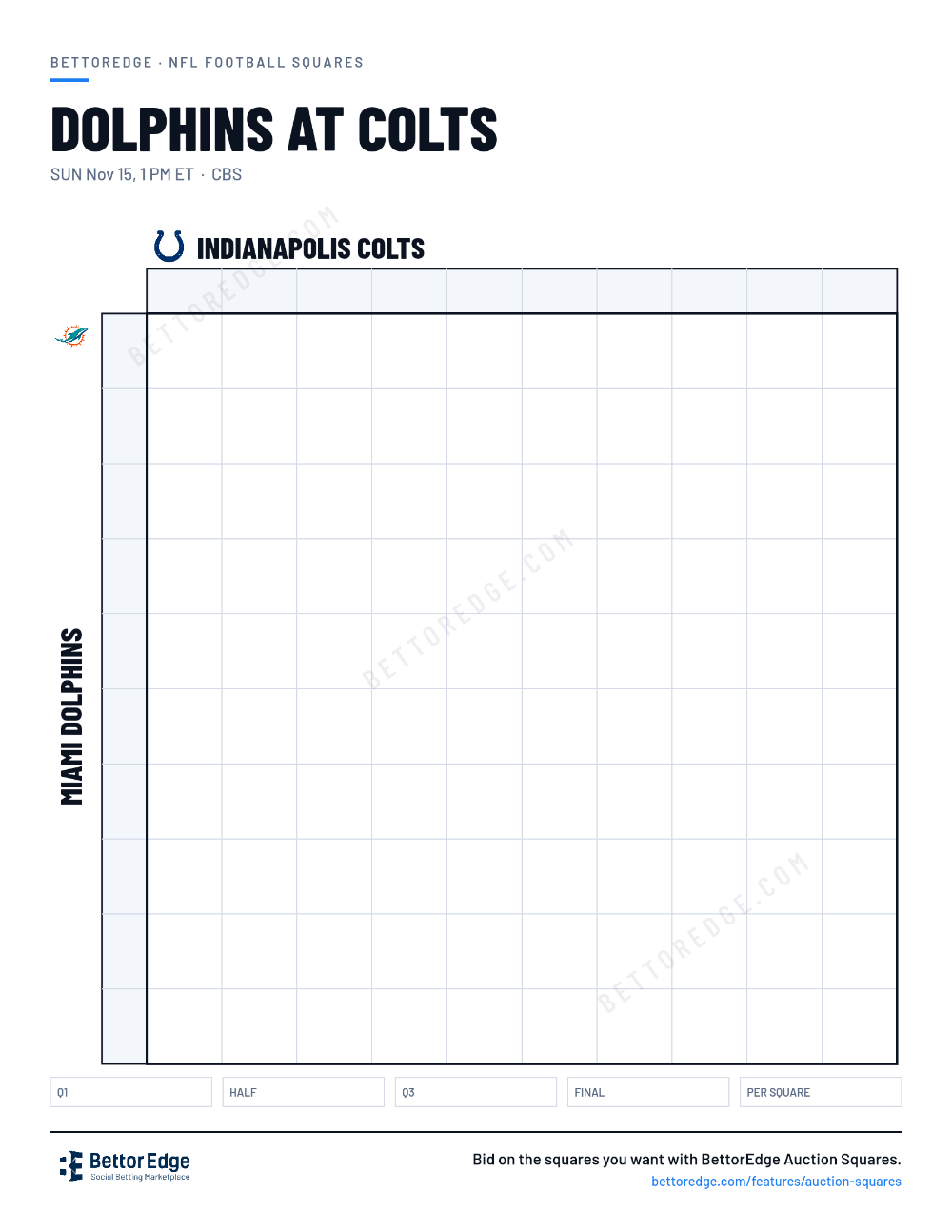 Dolphins at Colts squares, free printable 10x10 football squares grid