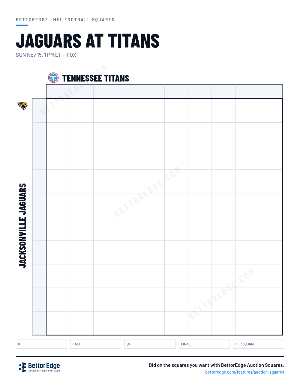 Jaguars at Titans squares, free printable 10x10 football squares grid