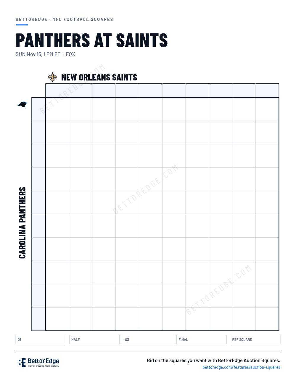 Panthers at Saints squares, free printable 10x10 football squares grid