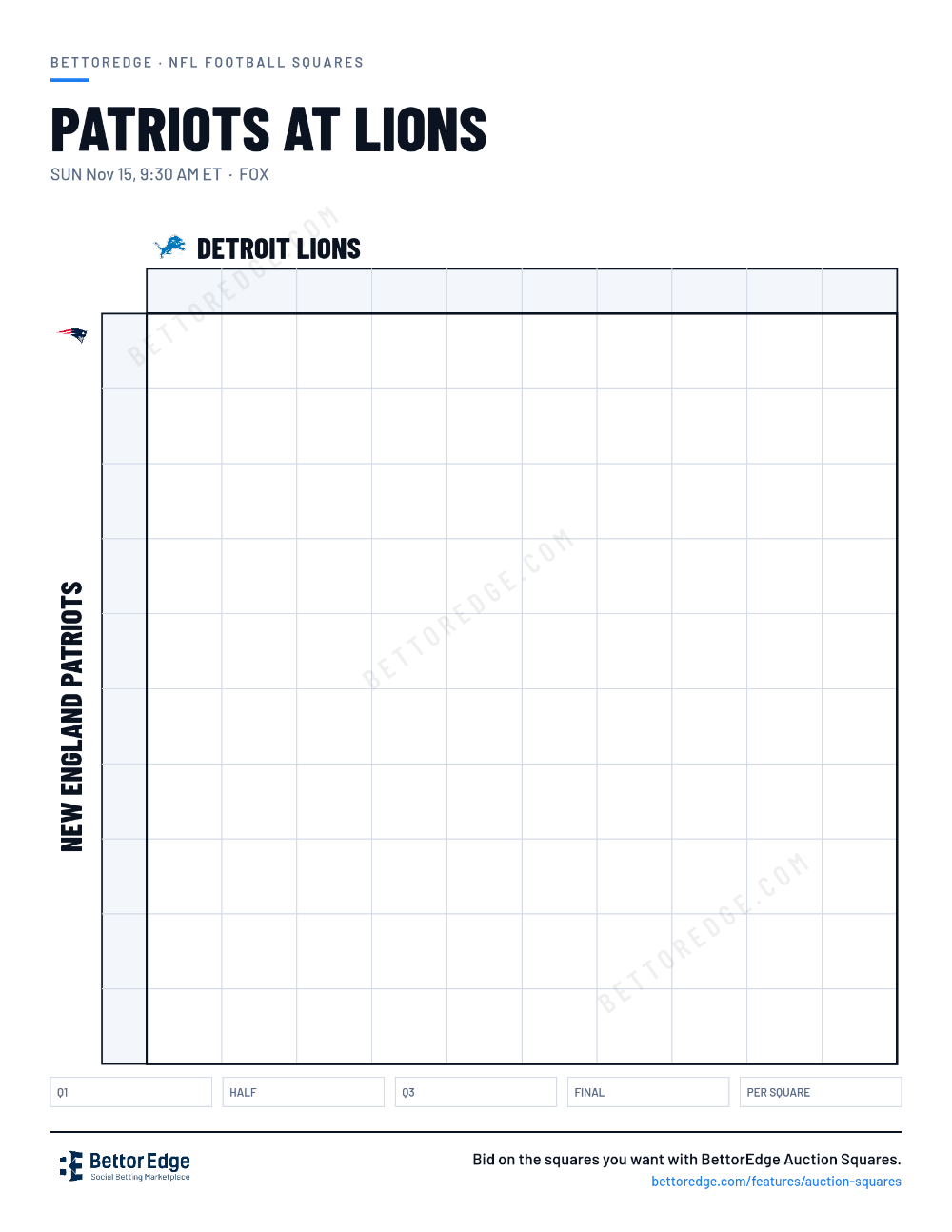 Patriots at Lions squares, free printable 10x10 football squares grid