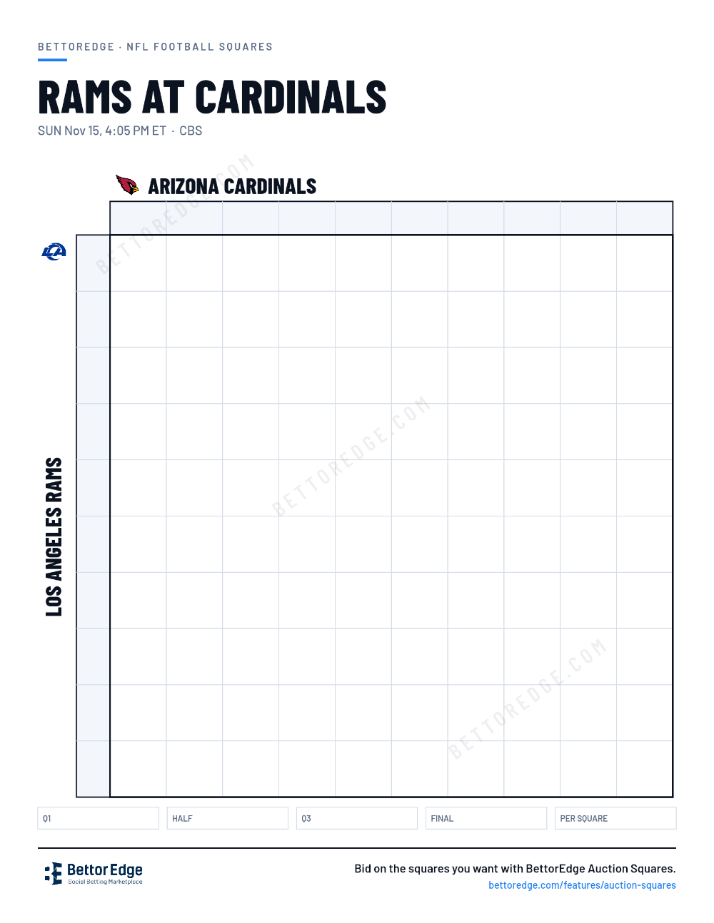 Rams at Cardinals squares, free printable 10x10 football squares grid