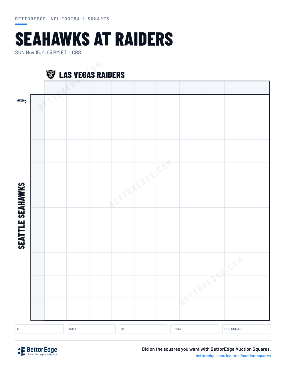 Seahawks at Raiders squares, free printable 10x10 football squares grid
