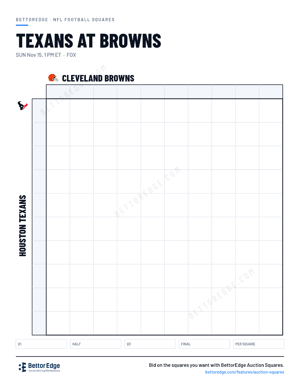 Texans at Browns squares, free printable 10x10 football squares grid