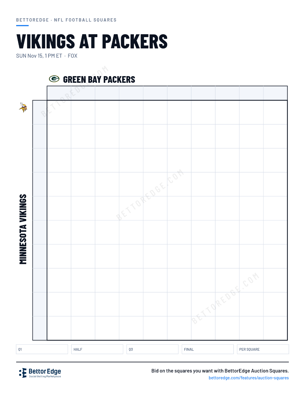Vikings at Packers squares, free printable 10x10 football squares grid