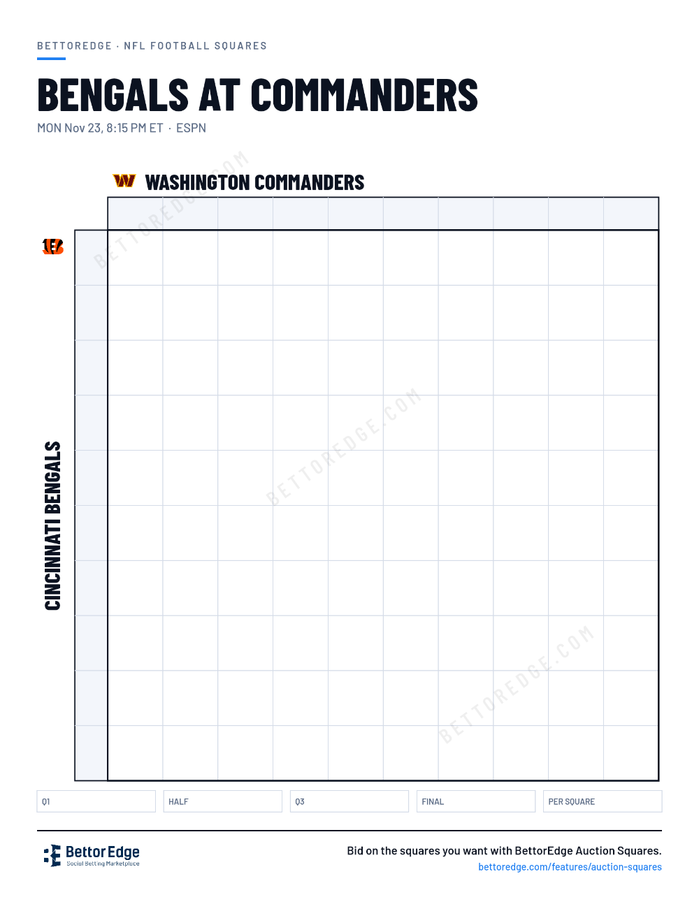 Bengals at Commanders squares, free printable 10x10 football squares grid