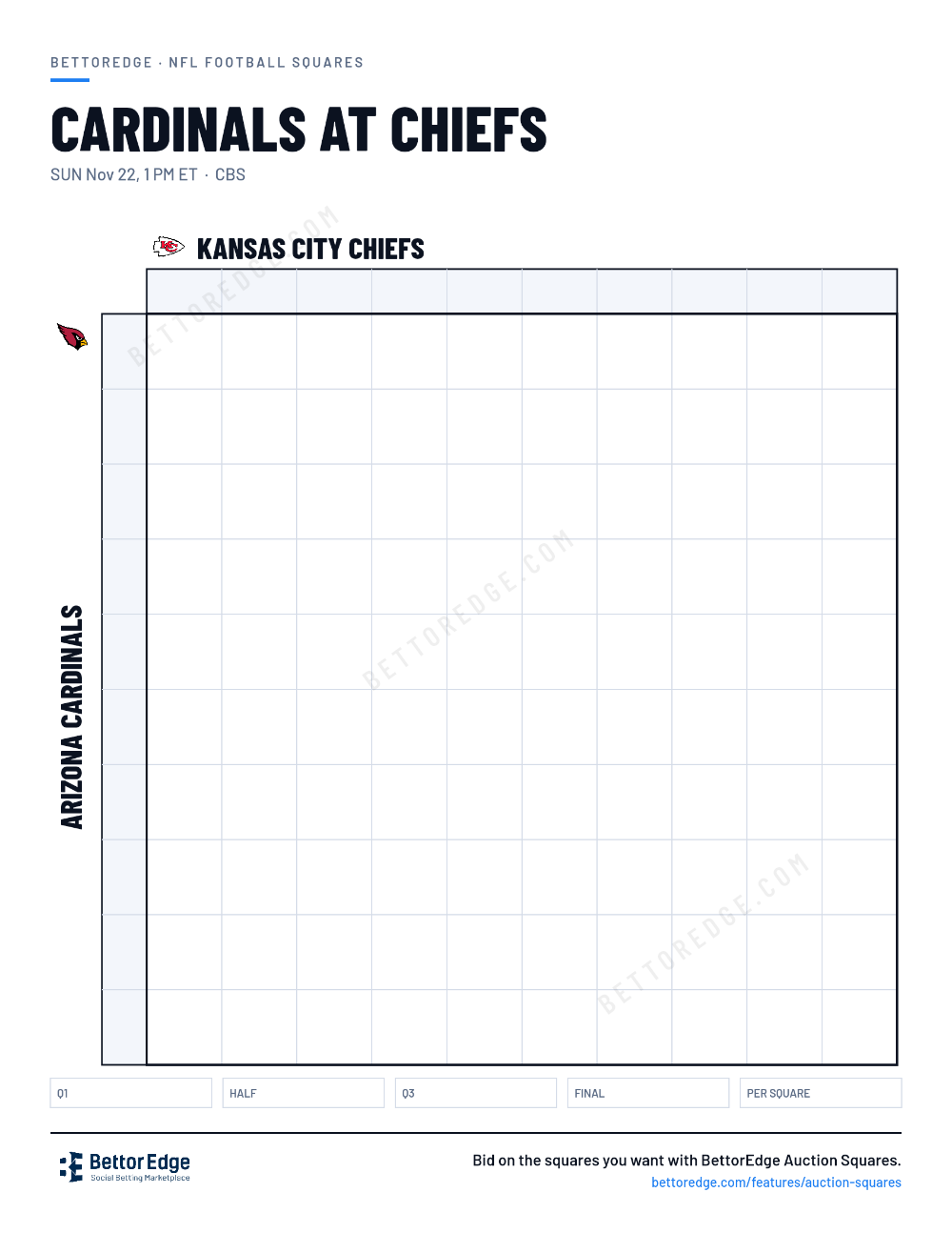 Cardinals at Chiefs squares, free printable 10x10 football squares grid