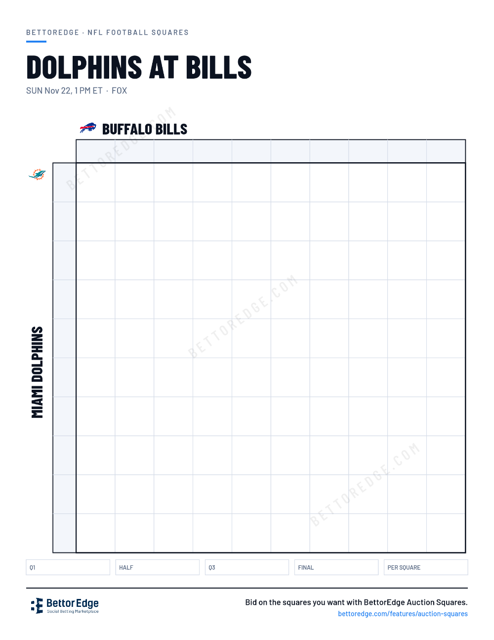 Dolphins at Bills squares, free printable 10x10 football squares grid