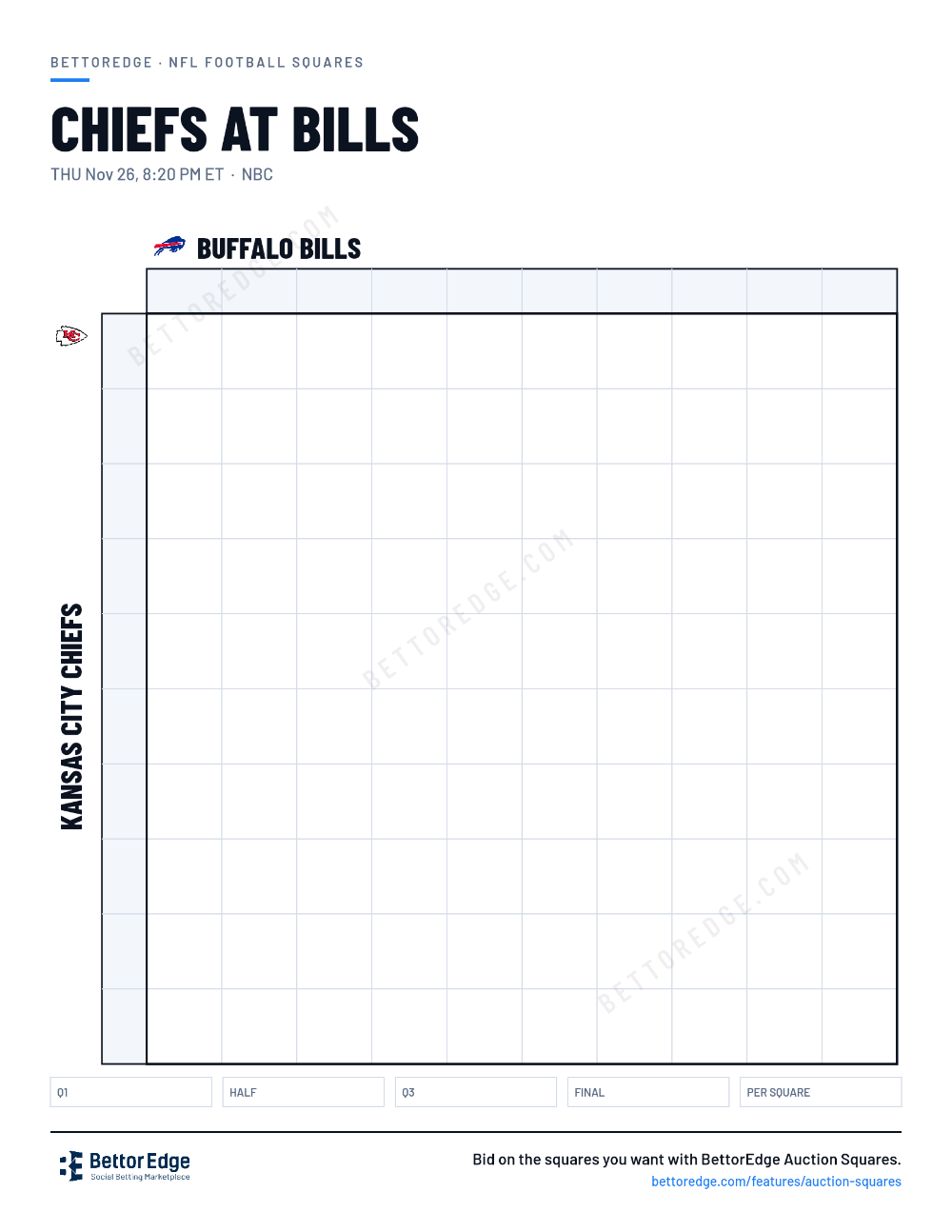 Chiefs at Bills squares, free printable 10x10 football squares grid