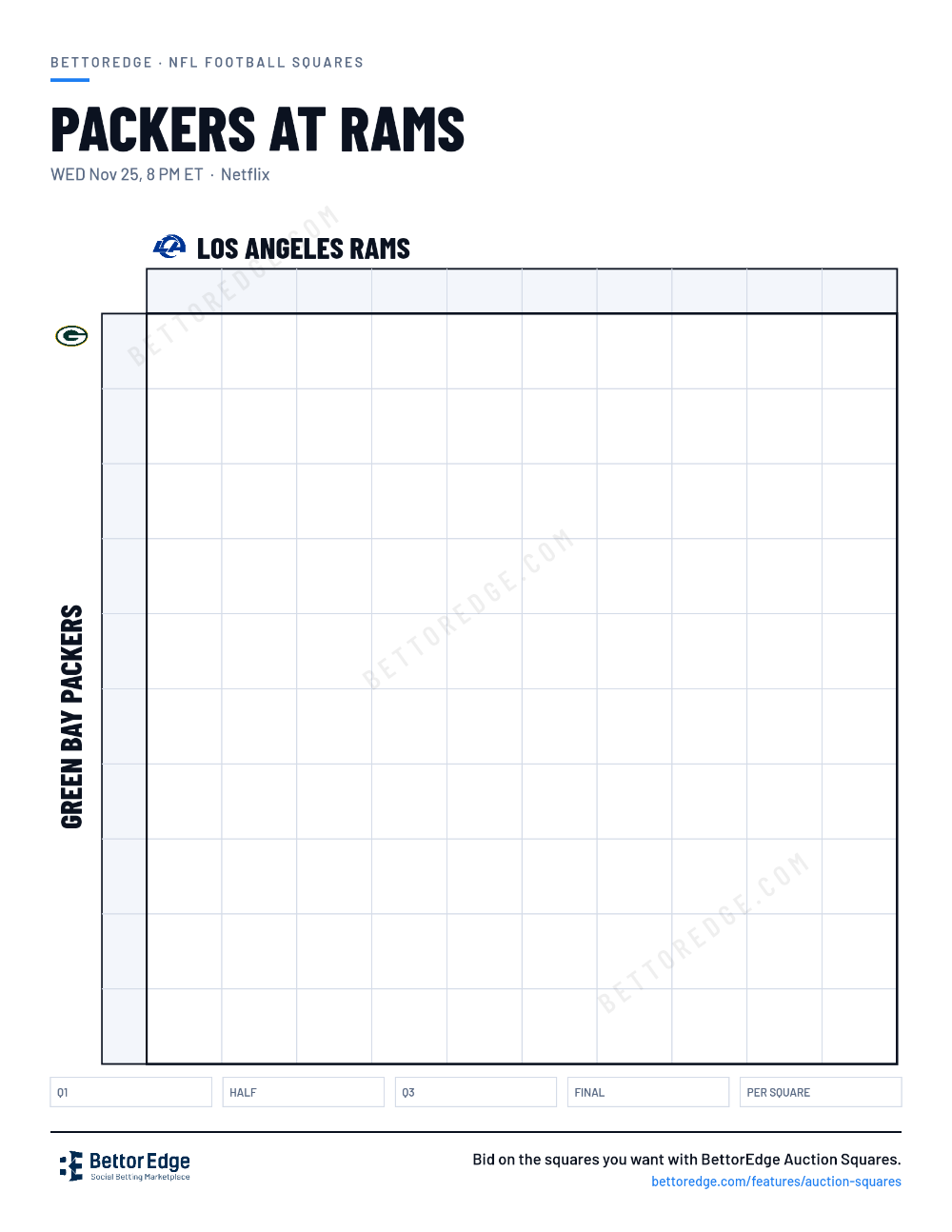 Packers at Rams squares, free printable 10x10 football squares grid