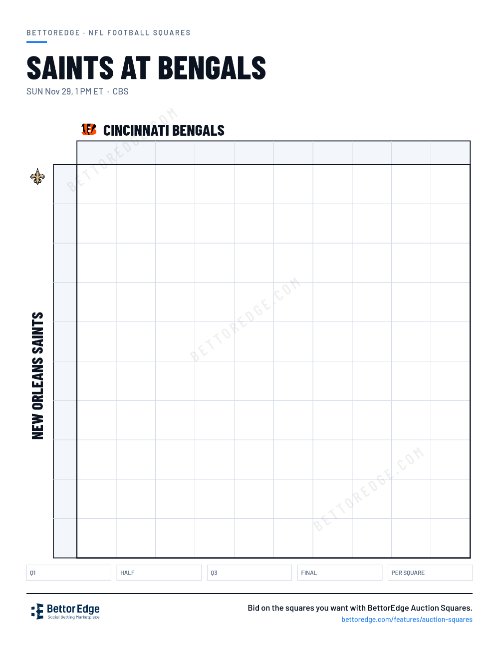 Saints at Bengals squares, free printable 10x10 football squares grid