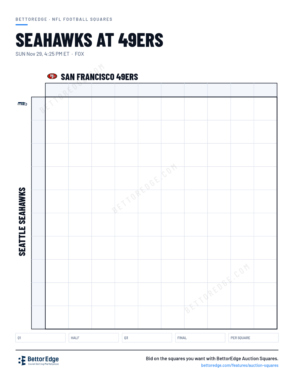 Seahawks at 49ers squares, free printable 10x10 football squares grid