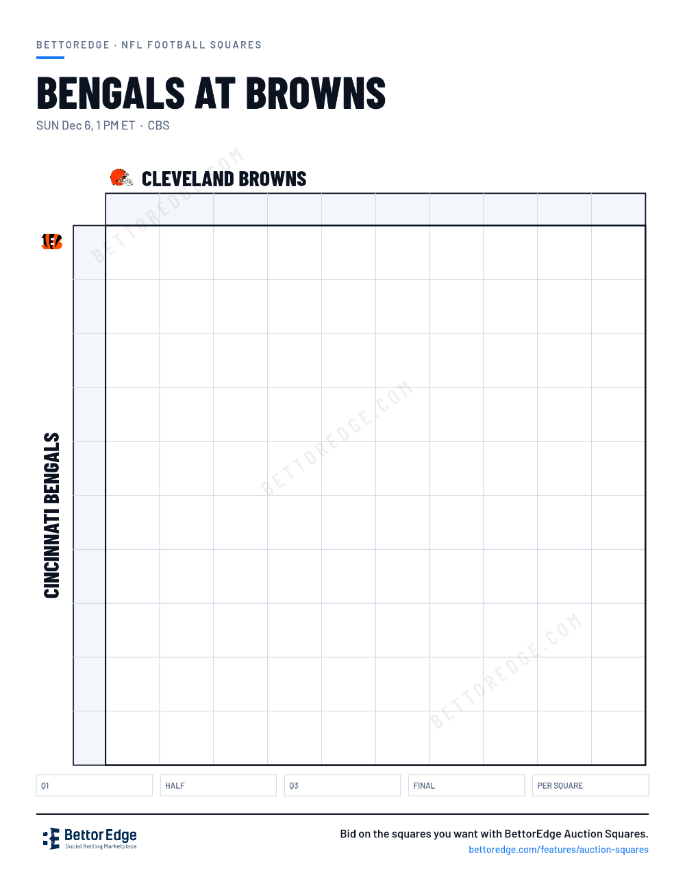 Bengals at Browns squares, free printable 10x10 football squares grid