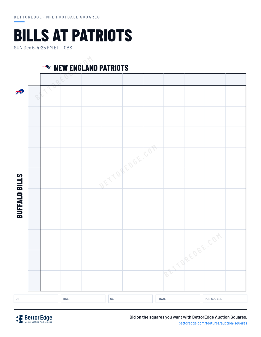 Bills at Patriots squares, free printable 10x10 football squares grid