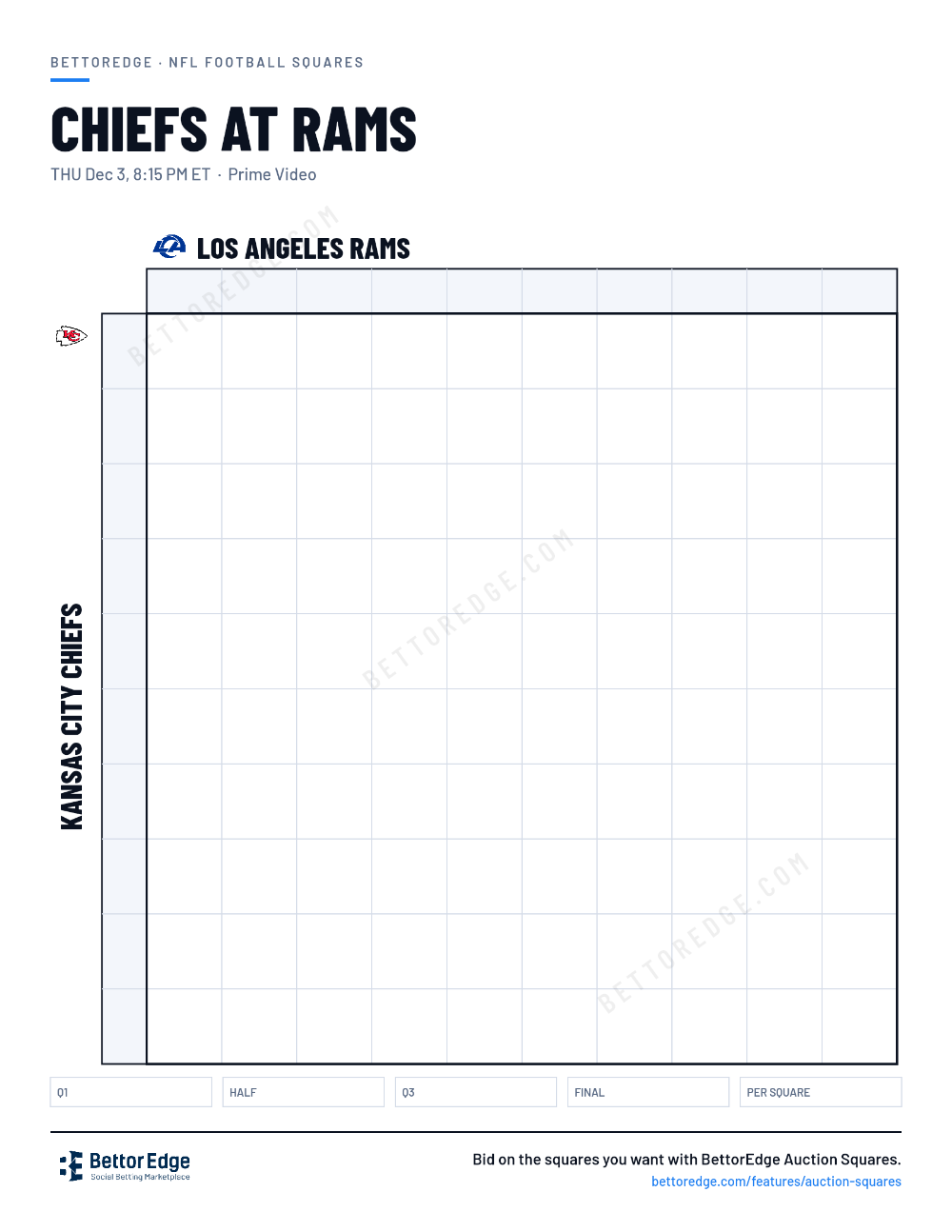 Chiefs at Rams squares, free printable 10x10 football squares grid