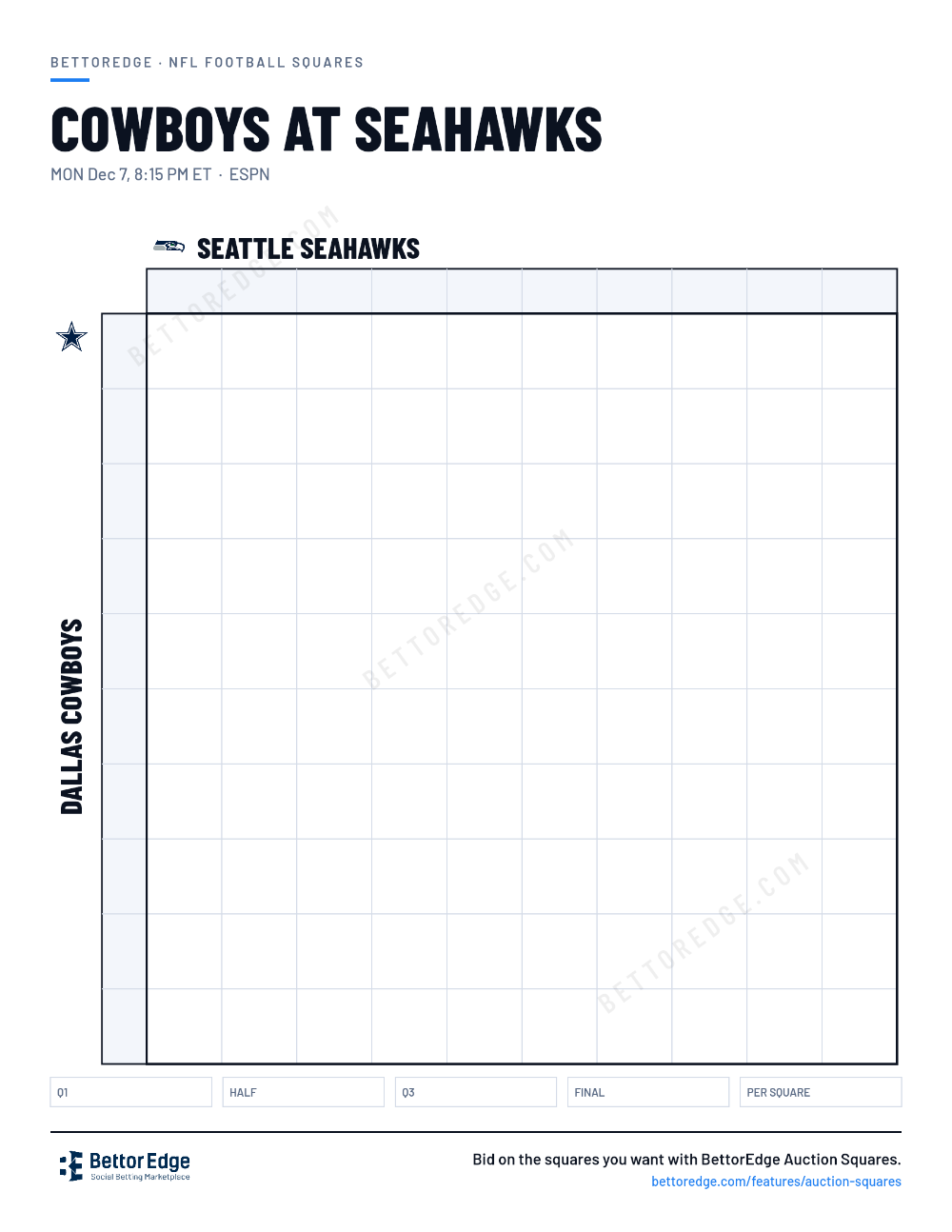 Cowboys at Seahawks squares, free printable 10x10 football squares grid