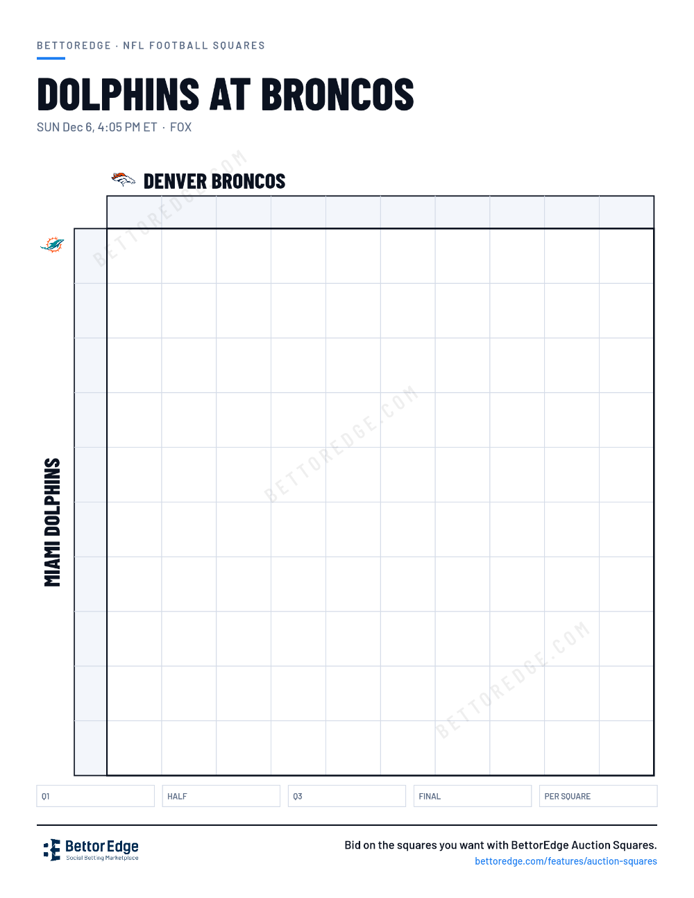 Dolphins at Broncos squares, free printable 10x10 football squares grid