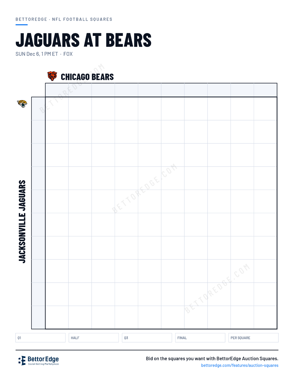 Jaguars at Bears squares, free printable 10x10 football squares grid