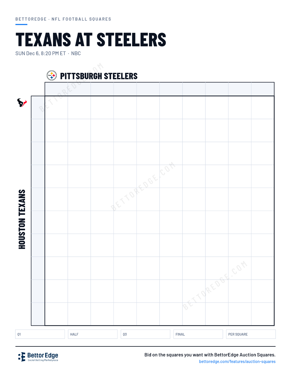 Texans at Steelers squares, free printable 10x10 football squares grid