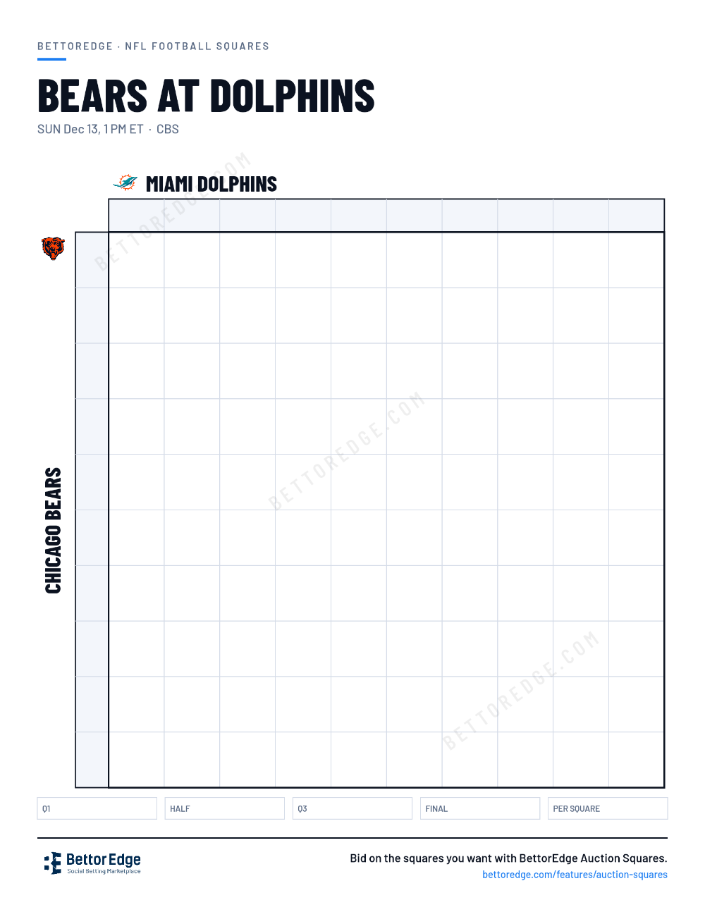 Bears at Dolphins squares, free printable 10x10 football squares grid