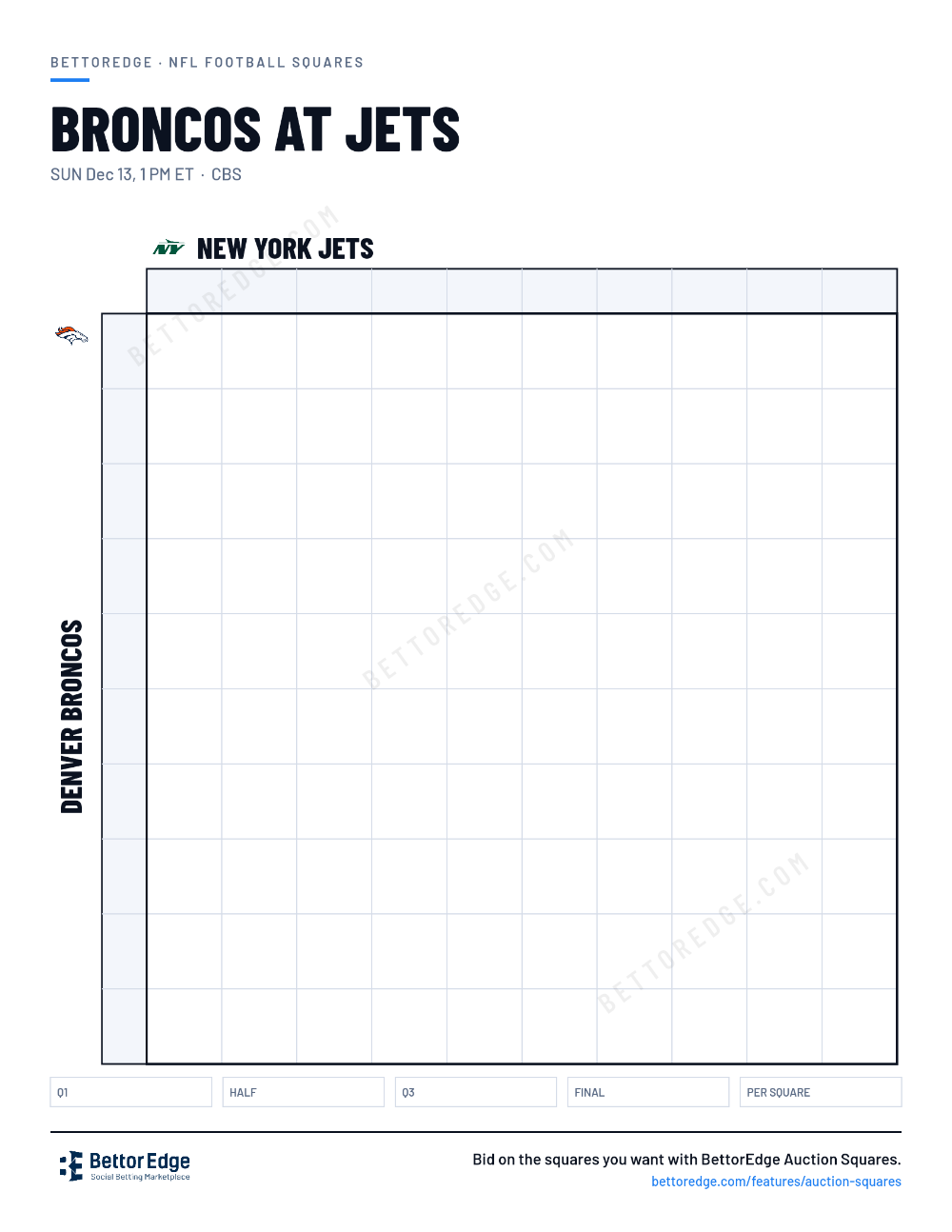 Broncos at Jets squares, free printable 10x10 football squares grid