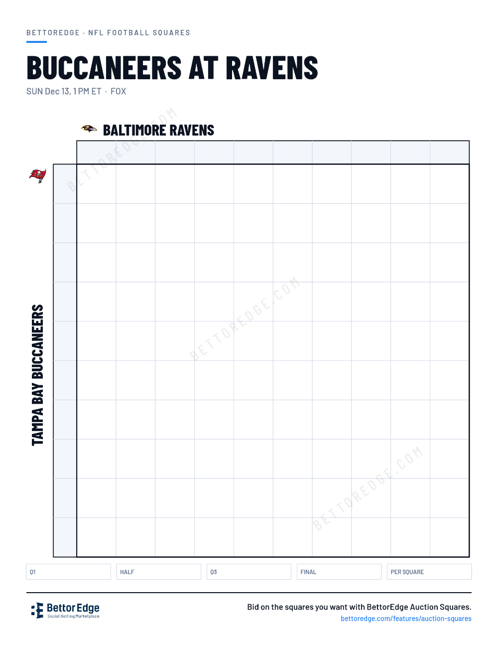 Buccaneers at Ravens squares, free printable 10x10 football squares grid