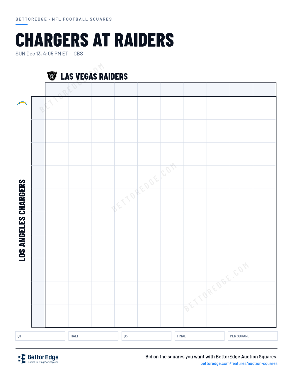 Chargers at Raiders squares, free printable 10x10 football squares grid
