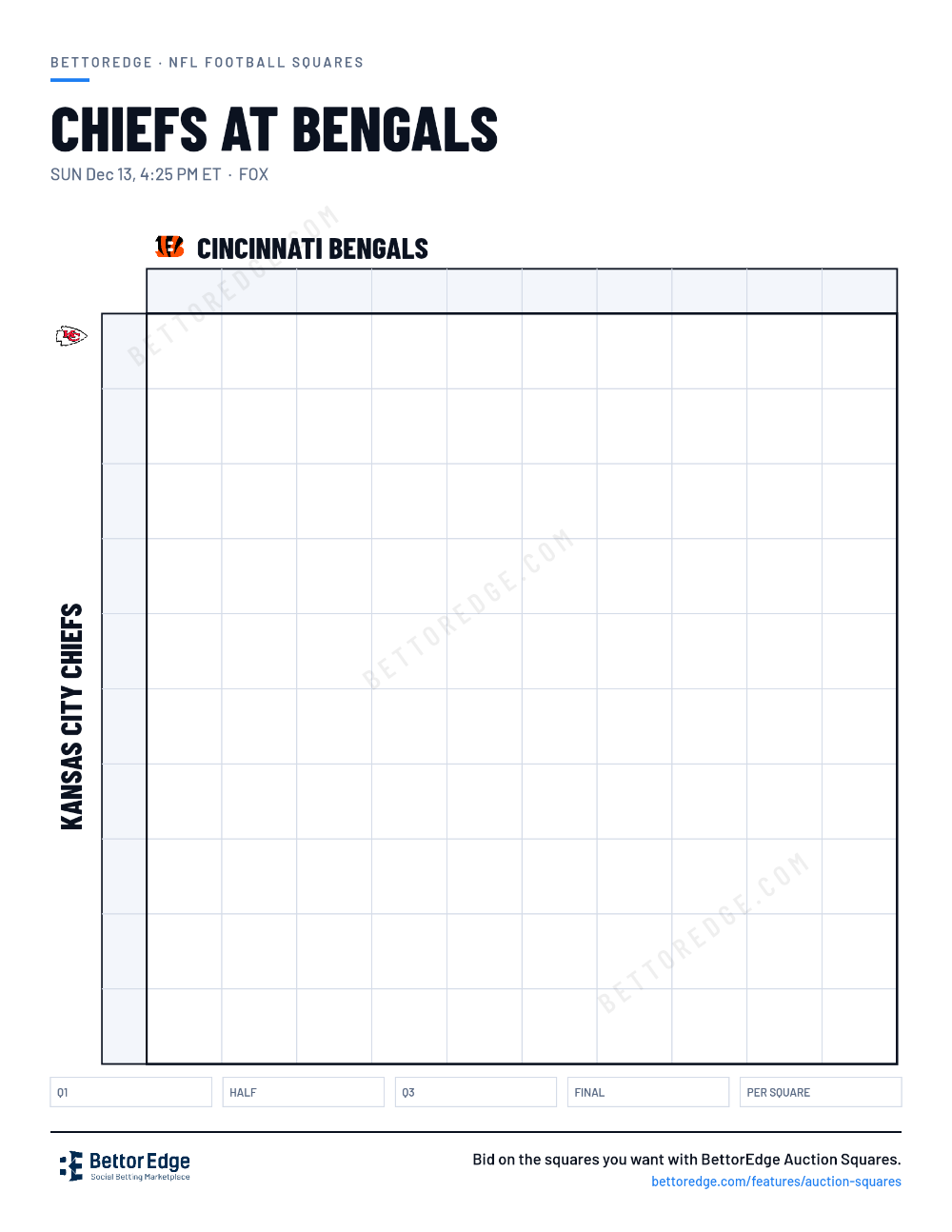 Chiefs at Bengals squares, free printable 10x10 football squares grid