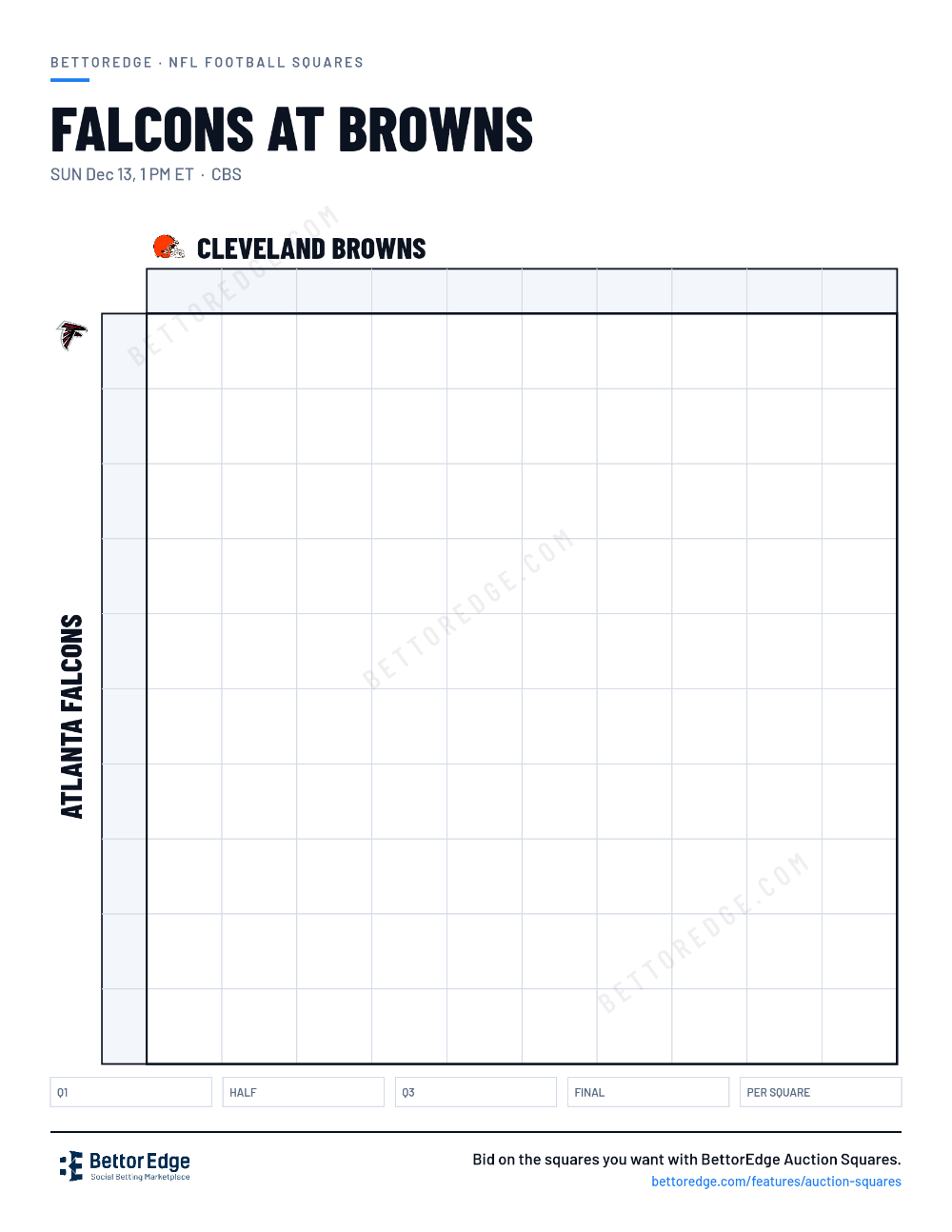 Falcons at Browns squares, free printable 10x10 football squares grid