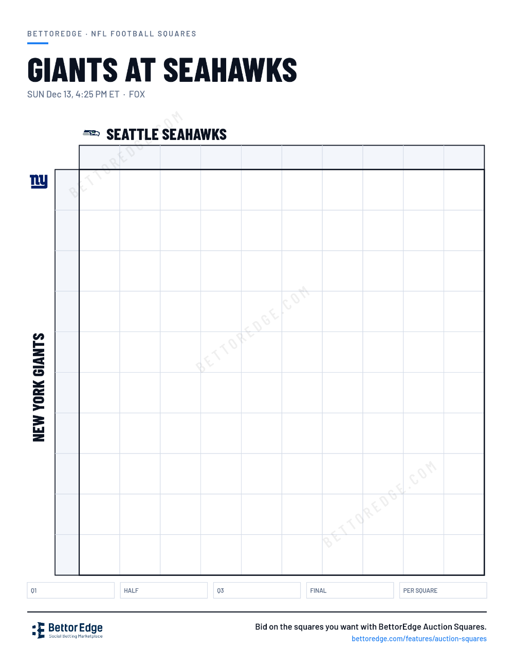 Giants at Seahawks squares, free printable 10x10 football squares grid
