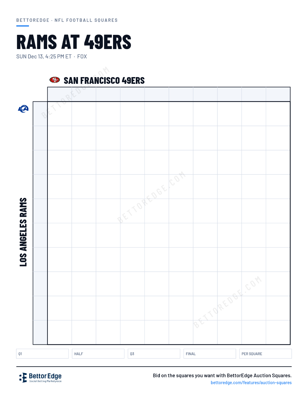 Rams at 49ers squares, free printable 10x10 football squares grid