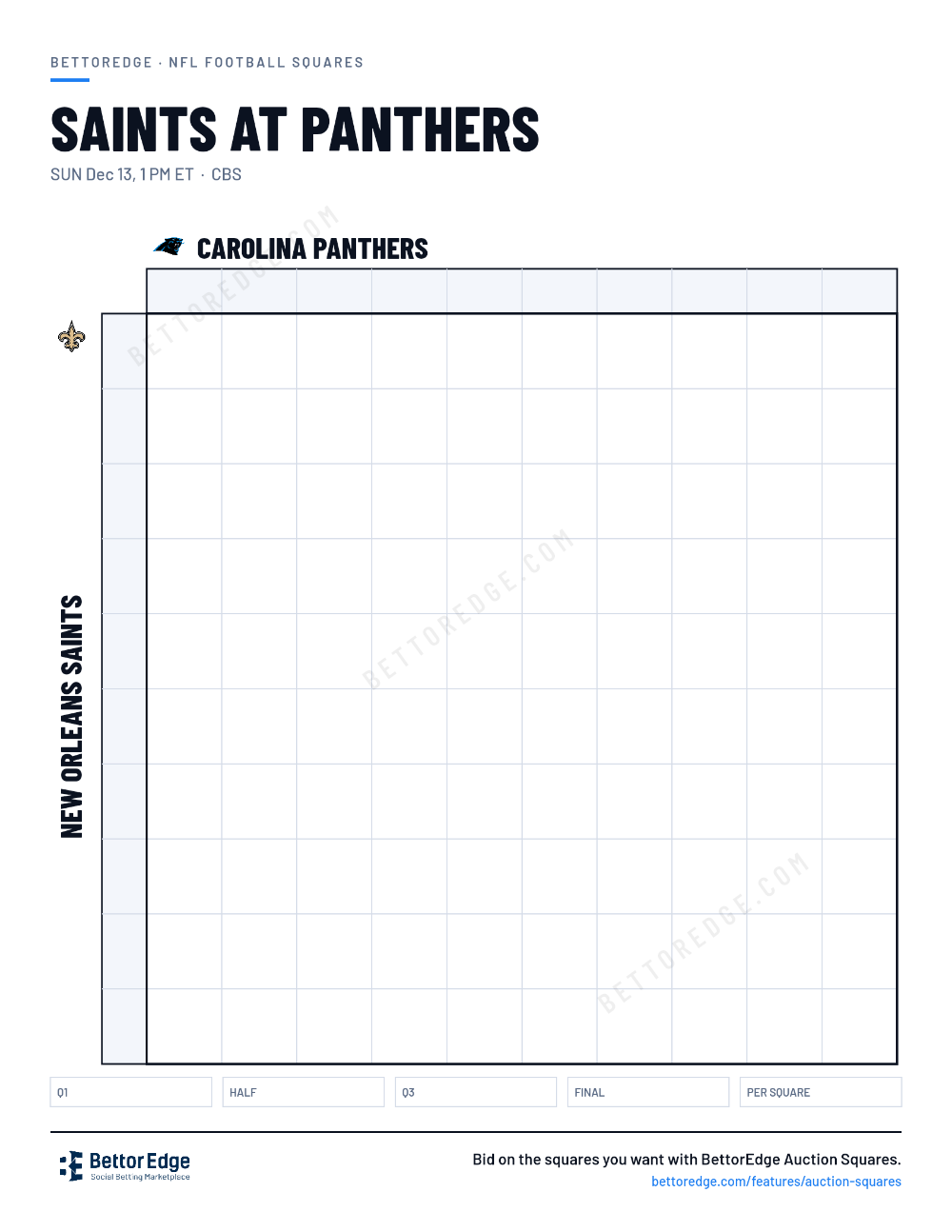 Saints at Panthers squares, free printable 10x10 football squares grid