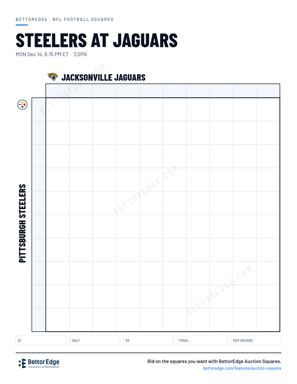 Steelers at Jaguars squares, free printable 10x10 football squares grid