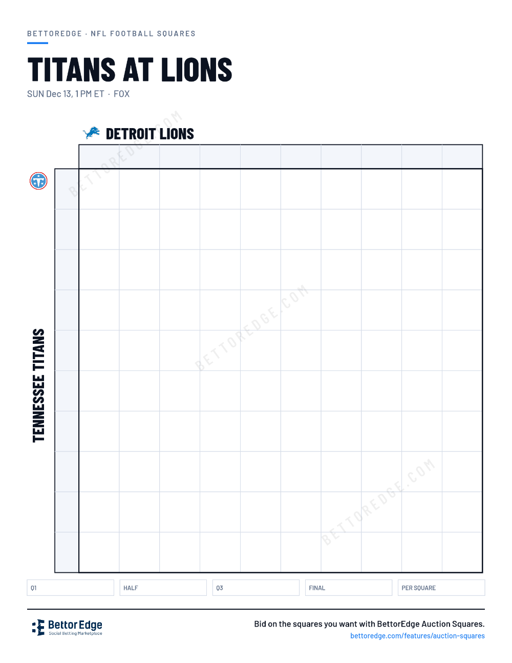 Titans at Lions squares, free printable 10x10 football squares grid