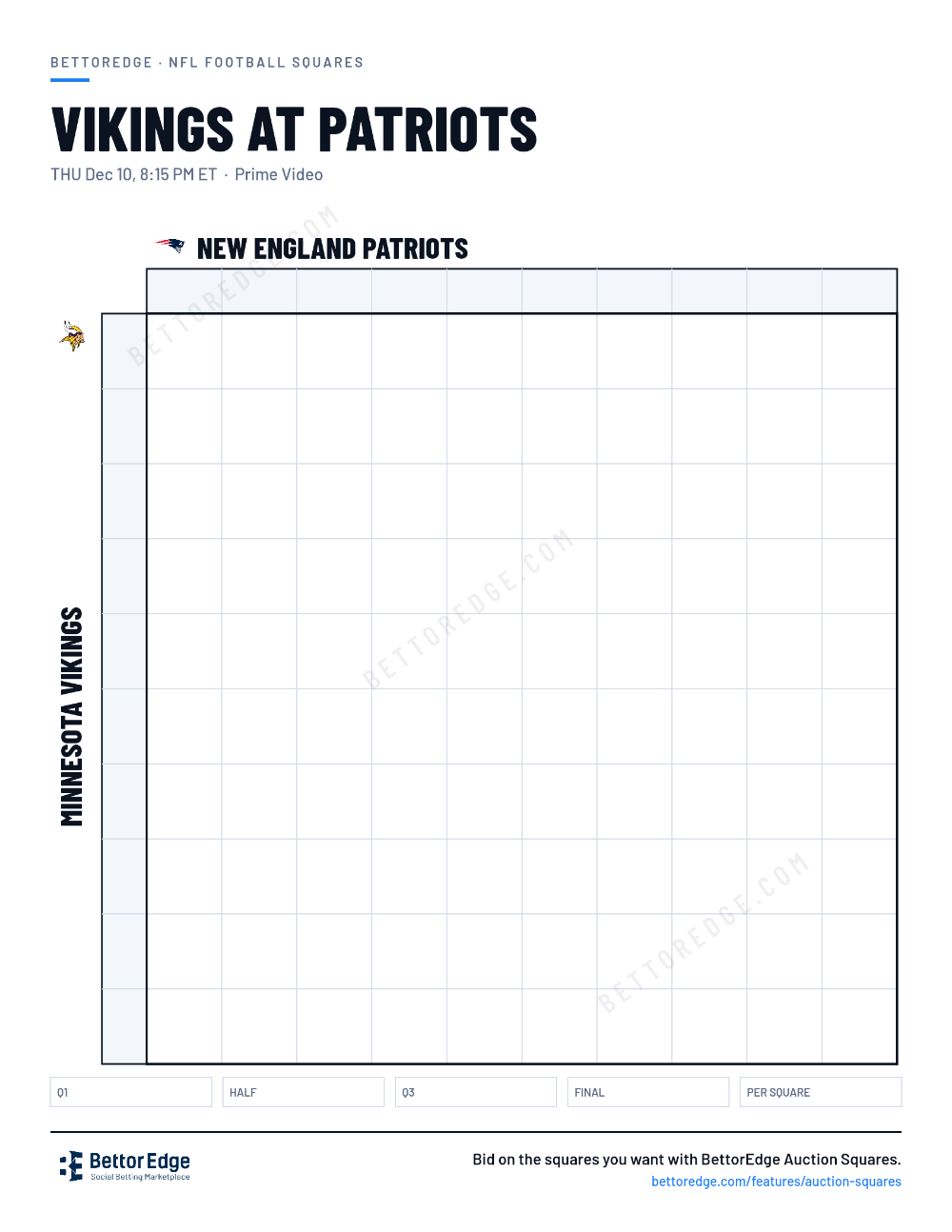 Vikings at Patriots squares, free printable 10x10 football squares grid